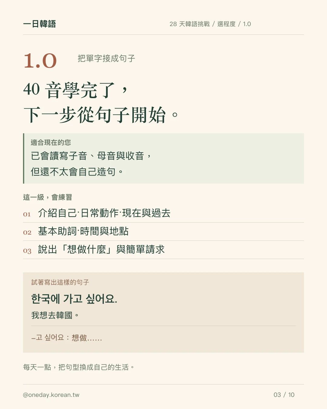 1.0:會讀韓文之後,從自我介紹、時態與簡單請求開始。