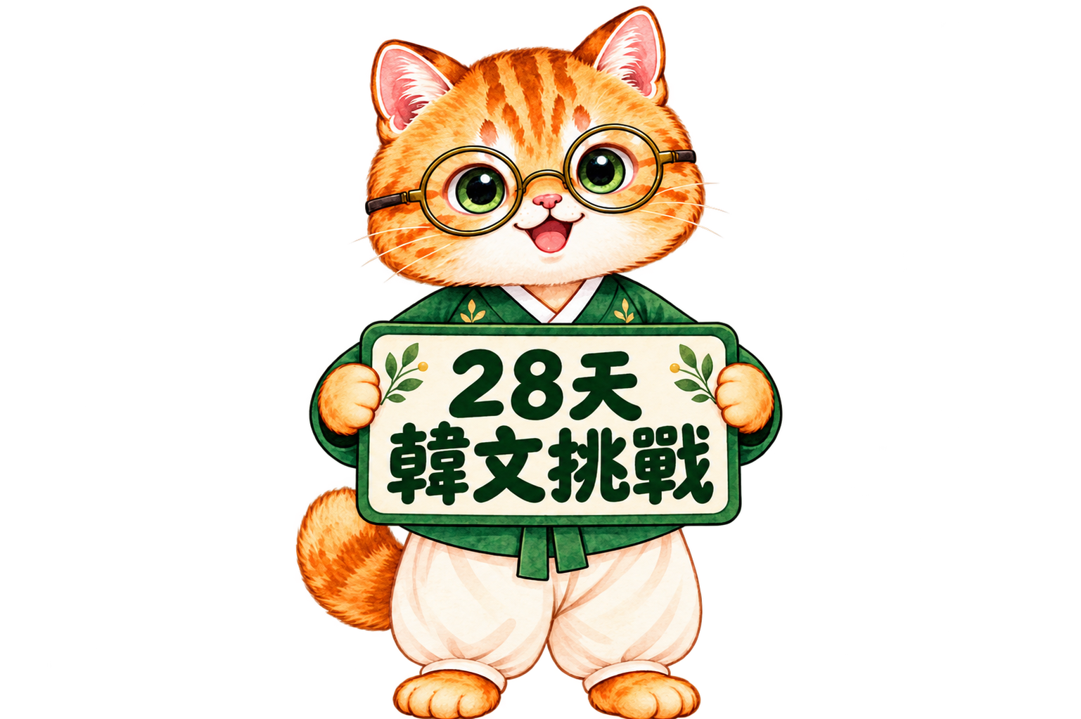 戴圓框眼鏡的橘貓老師，舉著28天韓文挑戰的牌子