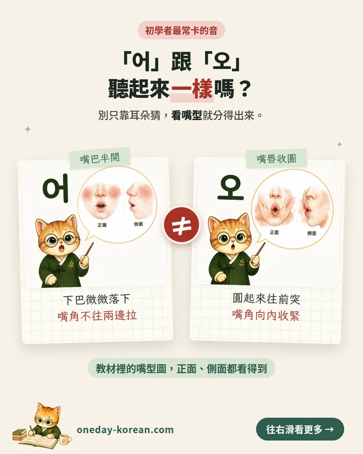 「어」跟「오」聽起來一樣?搭配正面與側面嘴型圖,練習分辨。
