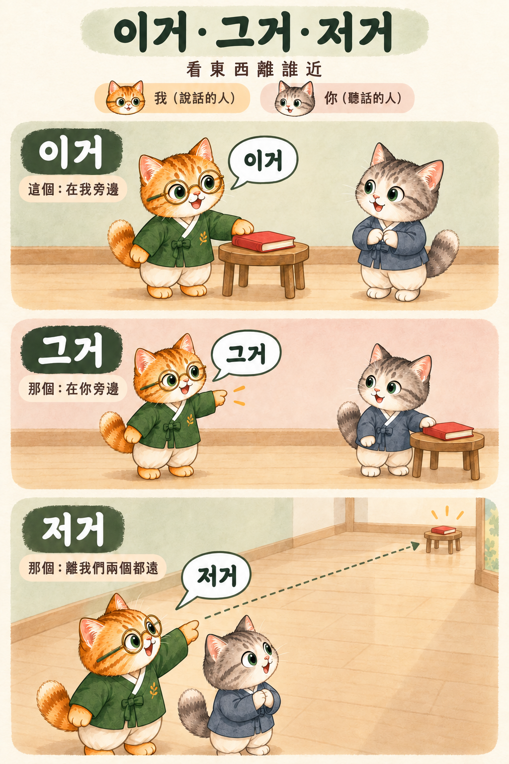 橘貓是說話的人，灰貓是聽話的人。이거：書在橘貓旁邊；그거：書在灰貓旁邊；저거：書離兩隻貓都遠，但看得到。