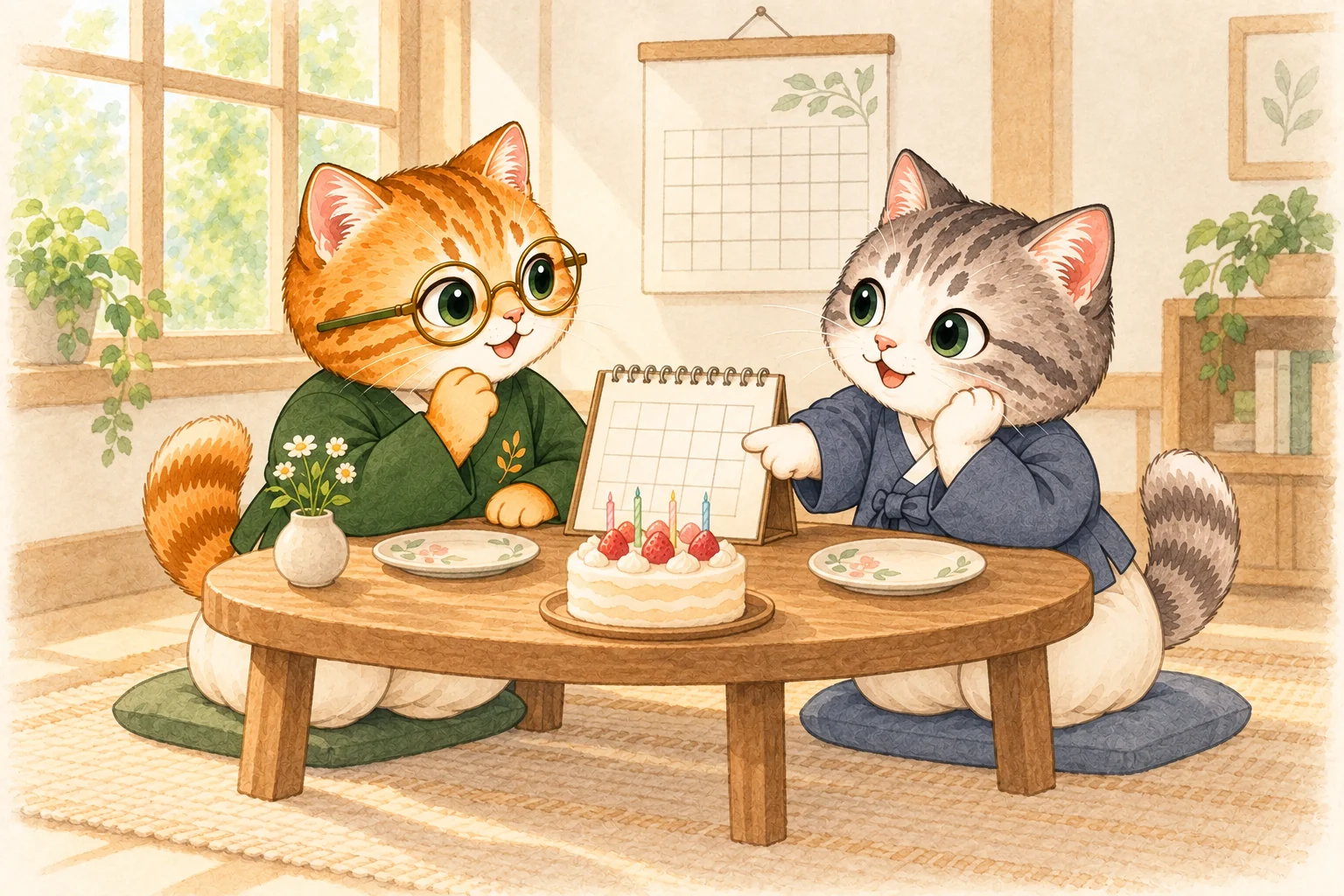 生日與日曆;一日韓語吉祥物的情境插畫。