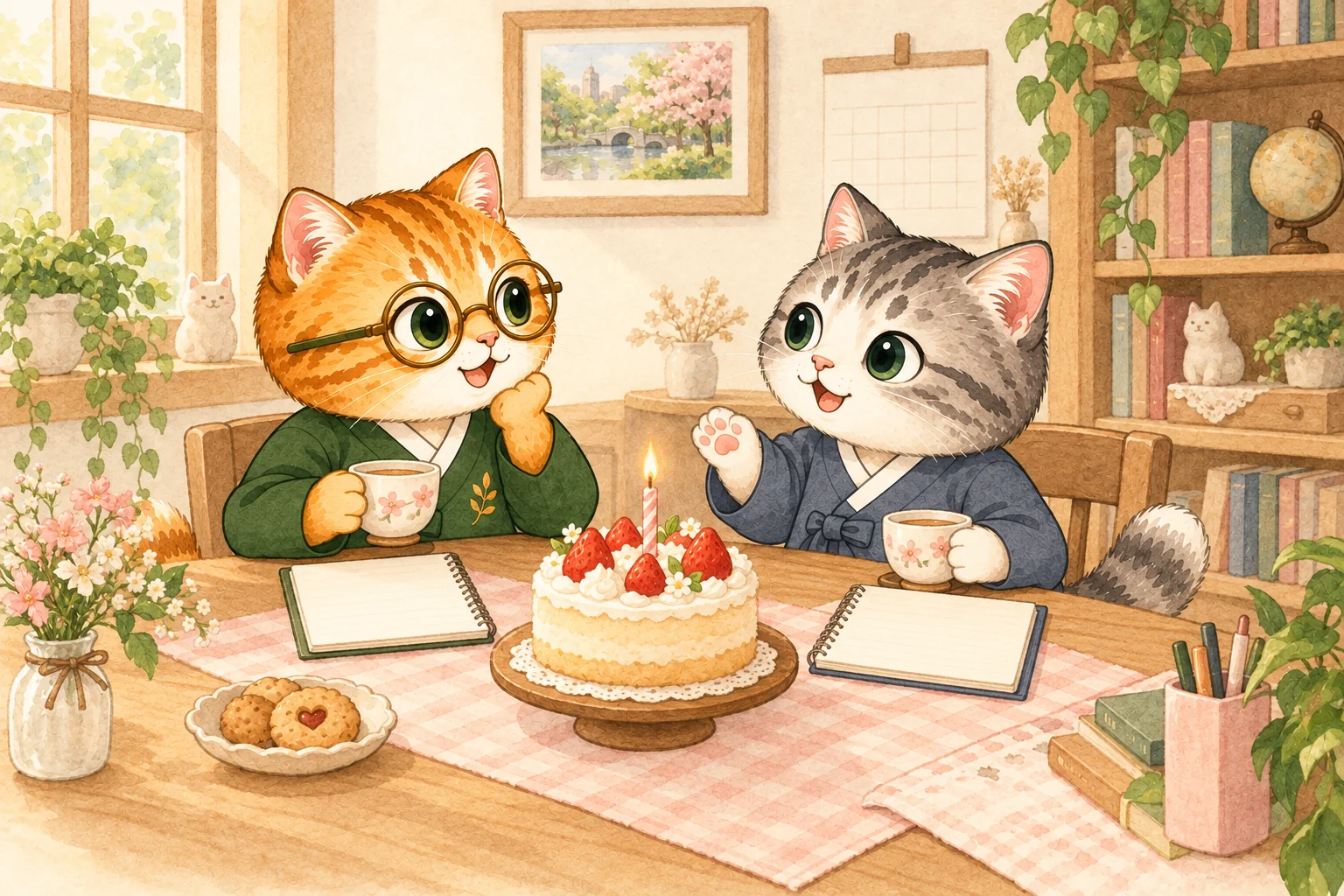 生日小聚會的回顧；一日韓語吉祥物的情境插畫。