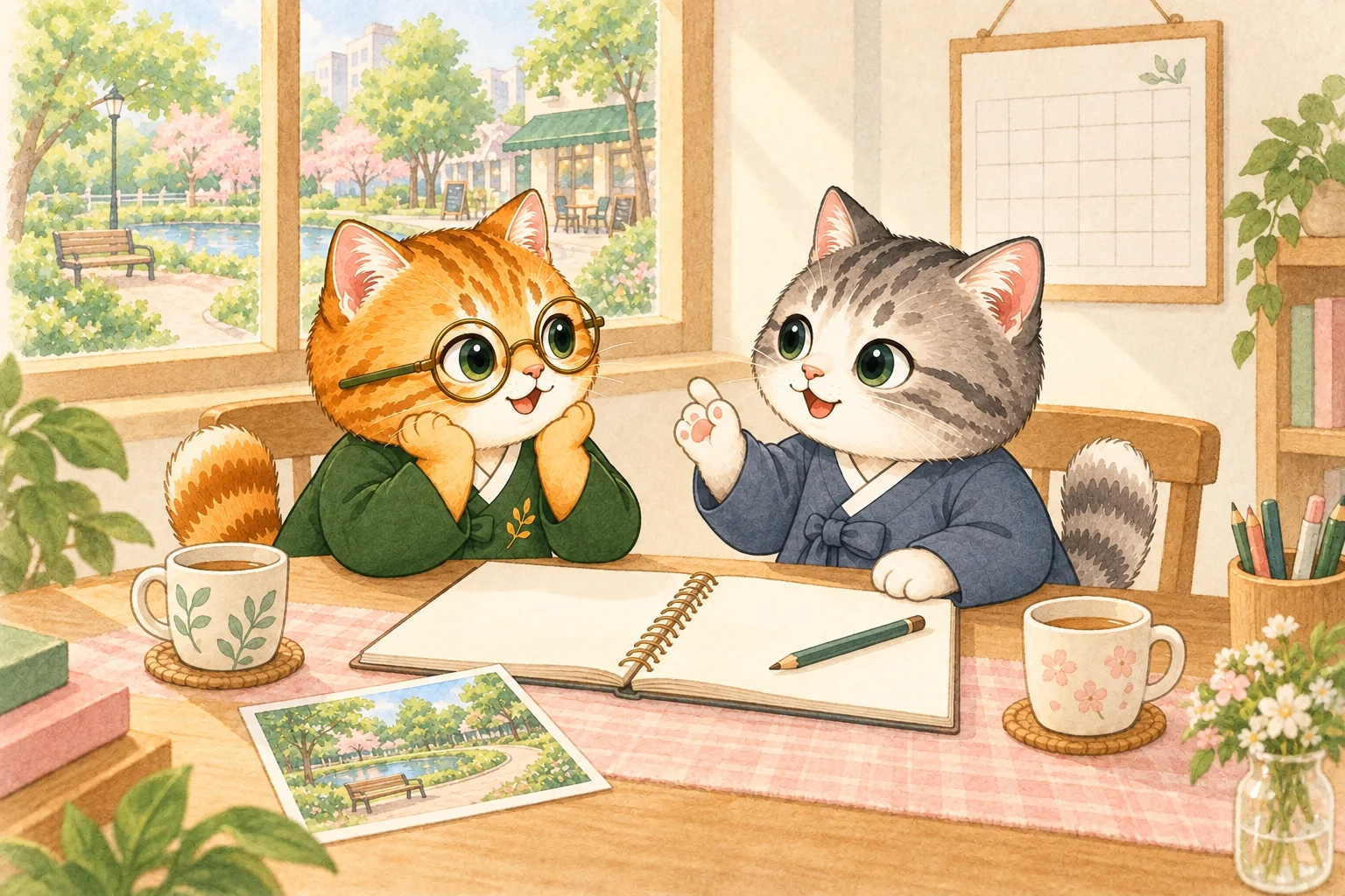 整理回憶,再約下一次;一日韓語吉祥物的情境插畫。