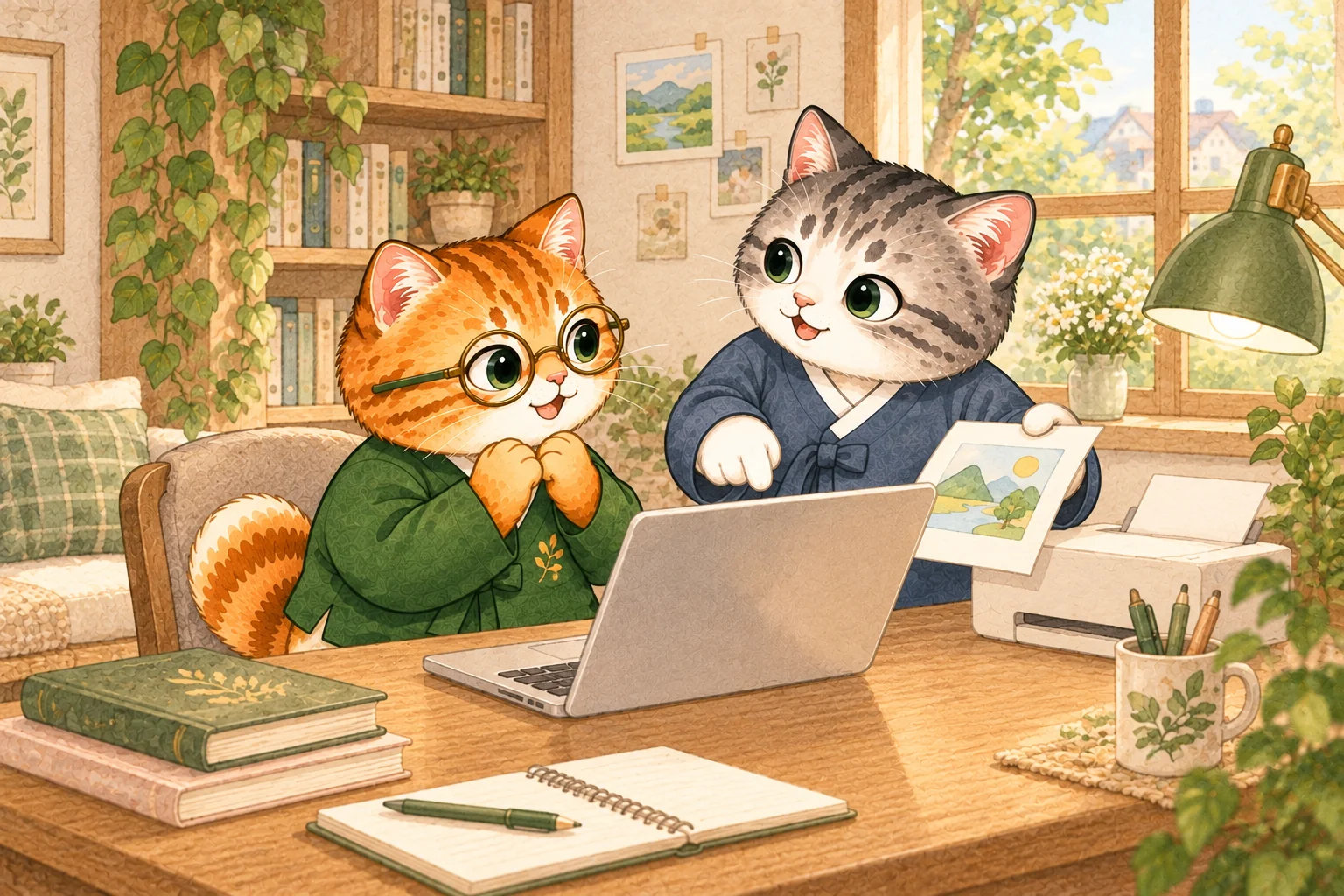朋友一起操作電腦，幫忙影印並說明按鈕；一日韓語吉祥物的情境插畫。