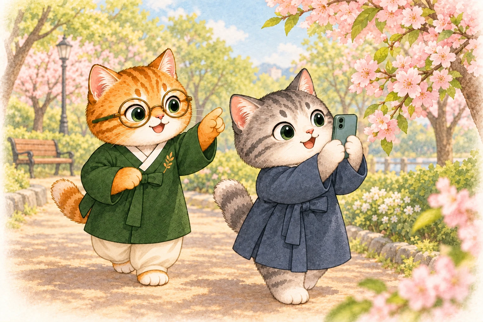 兩位朋友在春天的公園看花、拍照，聊散步的新習慣。